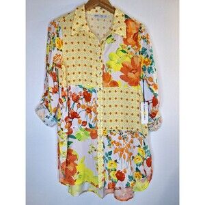 FIGUERO & FLOWER Bright Floral Bautton Up Tunic Shirt Women's Sz M Resort Beachy
